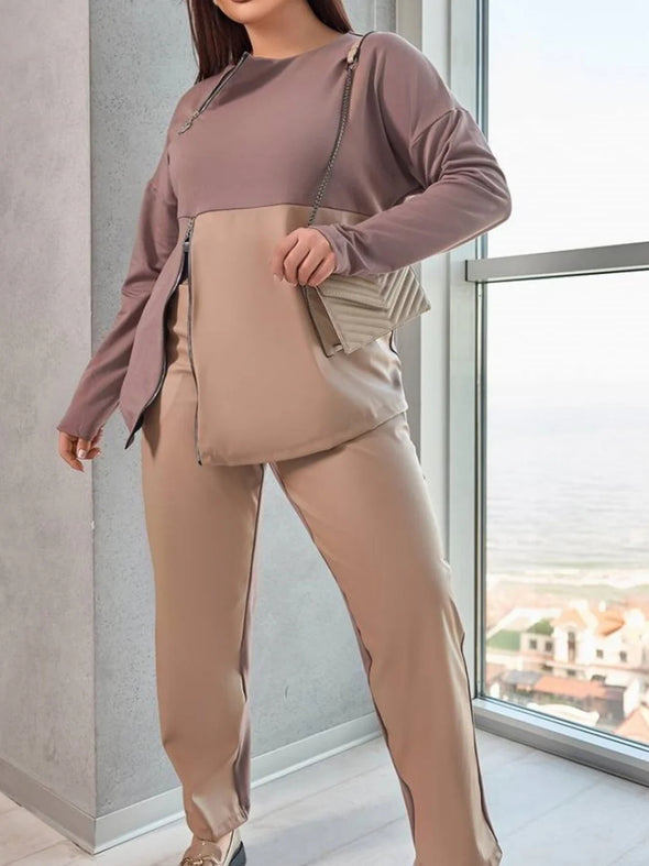 Women's Irregular Zipper Leather Patchwork Pants Suit