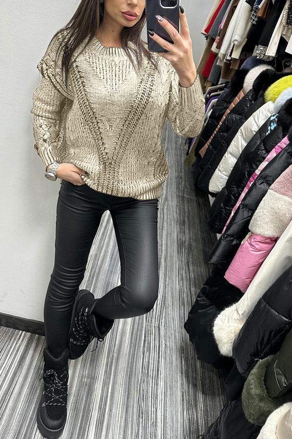 Women's Casual Round Neck Metallic Knitted Sweater