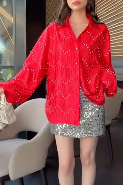 Women's Fashion Wave Texture Diamond Embellished Long Sleeve Shirt