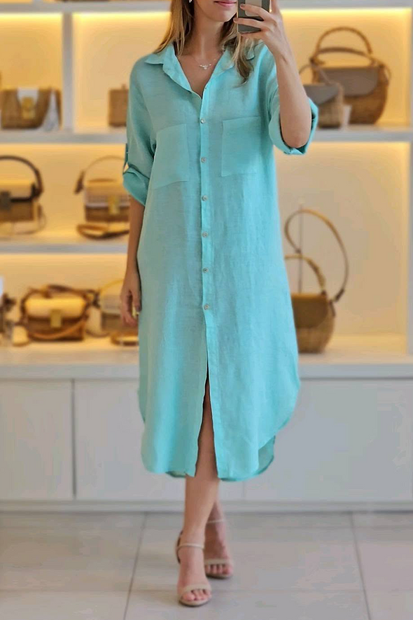 Women's Casual and Comfortable Solid Color Lapel Single Breasted Long Dress