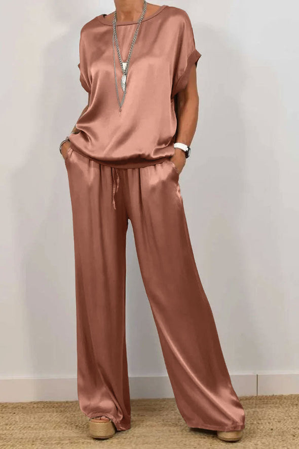 Women's Spring Casual Solid Color Satin Two-Piece Suit