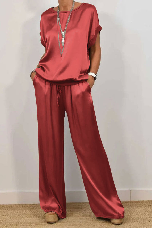 Women's Spring Casual Solid Color Satin Two-Piece Suit