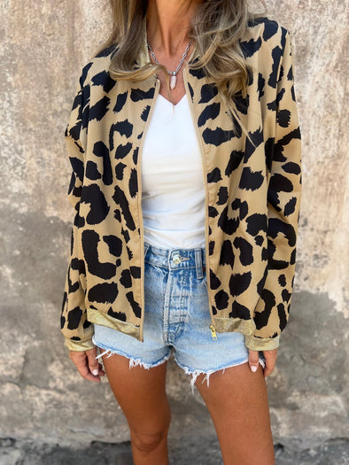 Women's Round Zipper Leopard Print Casual Top