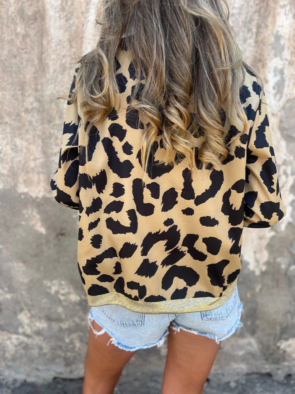 Women's Round Zipper Leopard Print Casual Top