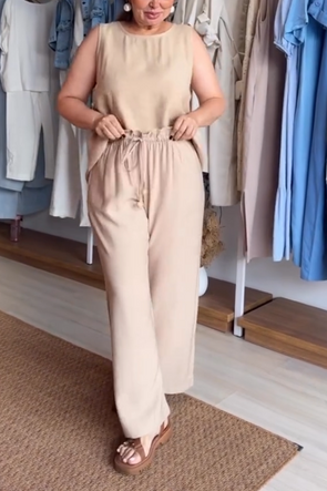 Women's Casual Round Neck Slit Vest Wide Leg Pants Suit