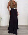 Women's V-neck Leopard Print Top + Slit Skirt Suit