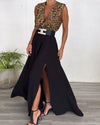 Women's V-neck Leopard Print Top + Slit Skirt Suit