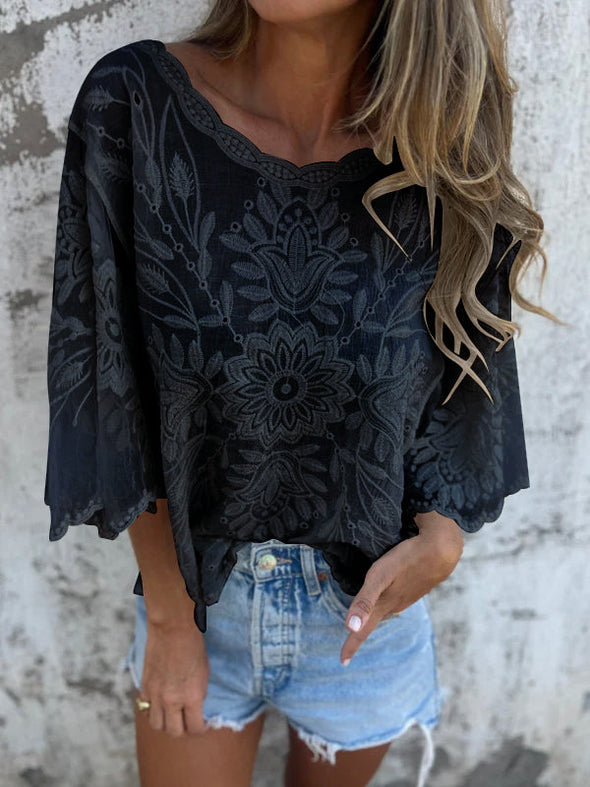 Women's Round Neck Floral Lace Casual Top