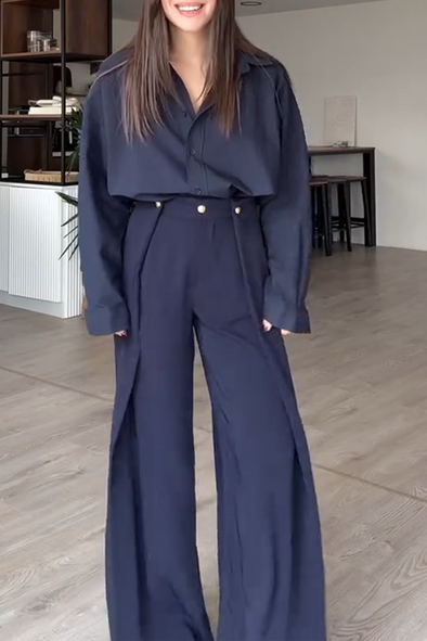 Women's Elegant Solid Color Shirt Front Piece Wide Leg Pants Commuting Suit