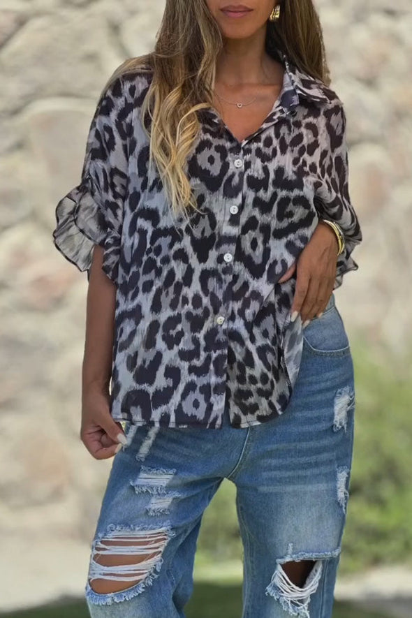 Women's Casual V-neck Leopard Print Half-sleeved Shirt