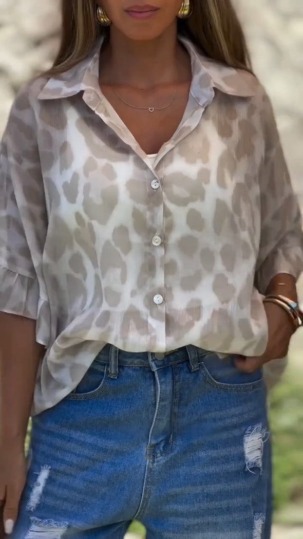 Women's Casual V-neck Leopard Print Half-sleeved Shirt