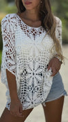 Women's Casual Holiday Solid Color Crewneck Lace Cut-out Cover-up