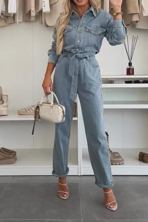 Women's Fashion Lapel Single-breasted Denim Jumpsuit