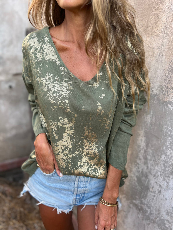 Women's V-neck Gold-stamped Knitted Casual Top