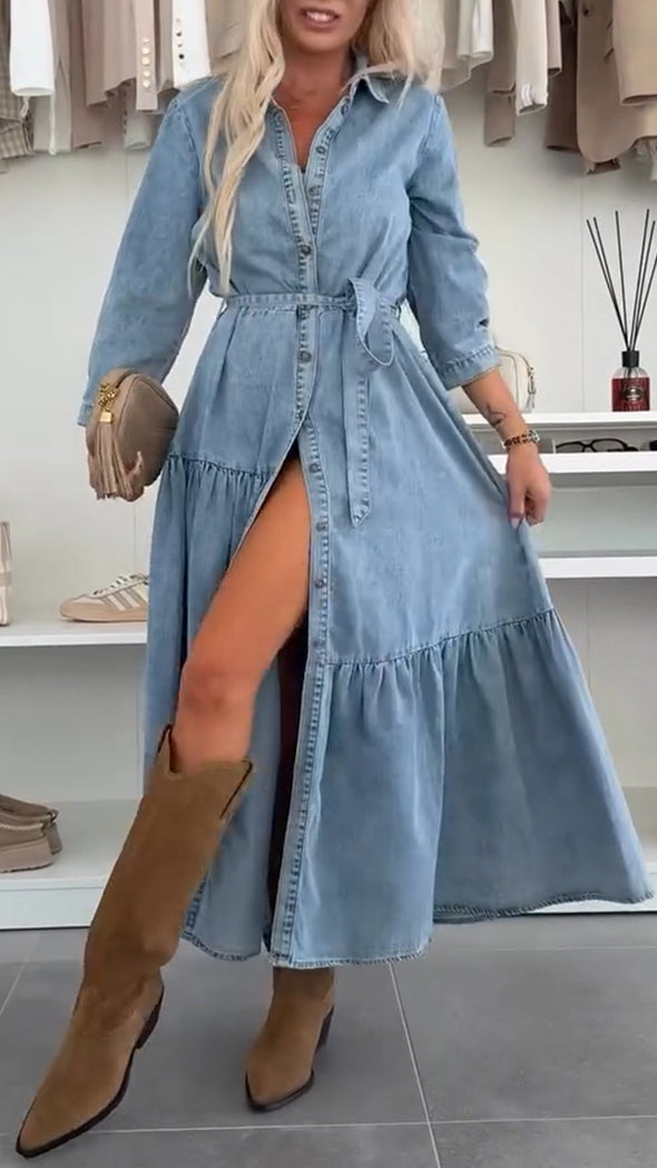 Women's Lapel Denim Patchwork Casual Dress