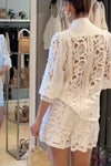 Women's Elegant Lace Hollow Button Short Sleeves & Elegant Lace Hollow Stretch Shorts