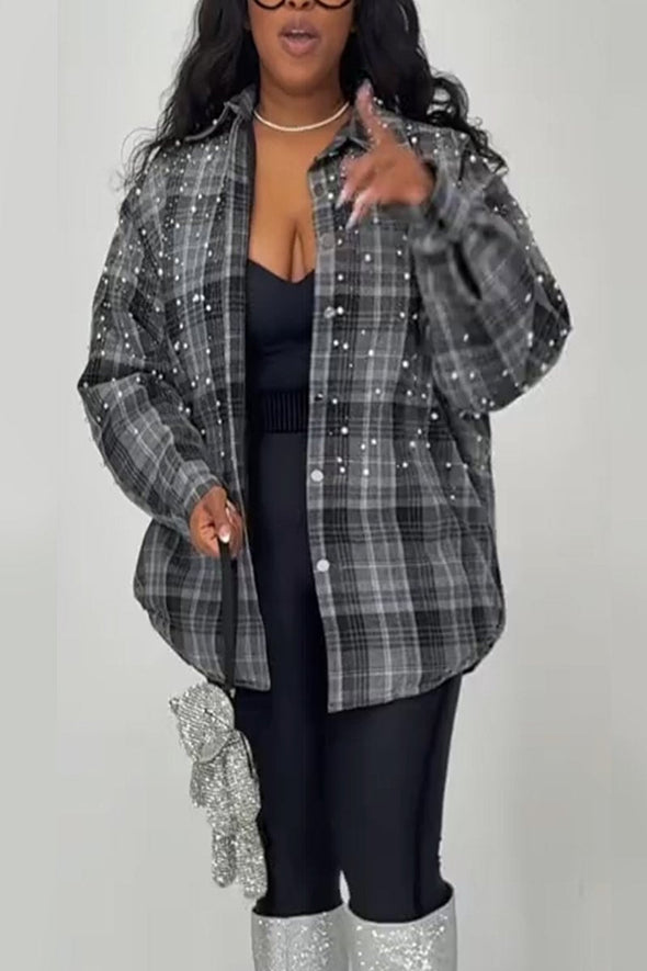 Women's Cool Rhinestone Plaid Button-Up Shirt