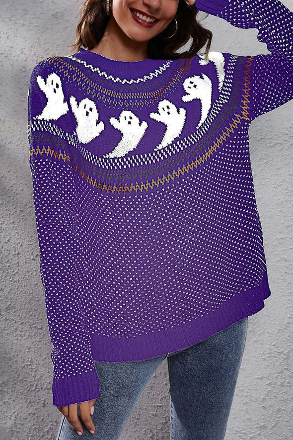 Women's Halloween Ghost Retro Polka Dot Long Sleeve Knitted Sweater