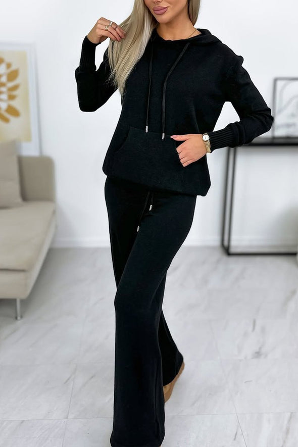 Women's Casual Solid Color Hooded Knitted Long-sleeved Two-piece Suit