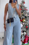 Women's Elegant Denim Vest, Wide Leg Pants Commuting Suit