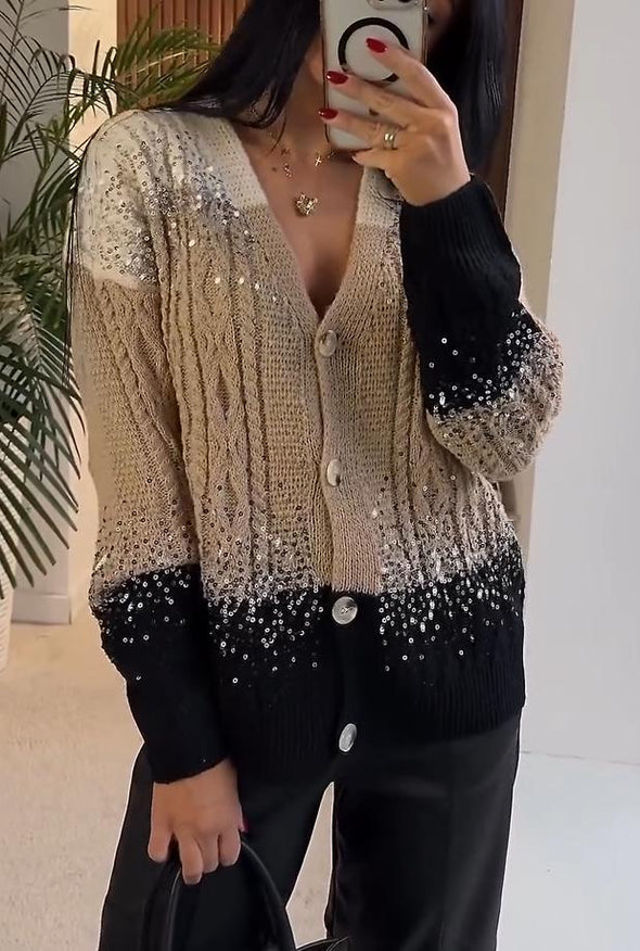 Women's Casual V-neck Three-color Contrast Stitching Sequined Knitted Cardigan Jacket