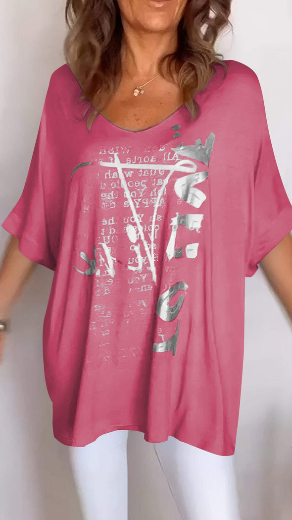 Women's V-neck Printed Mid-sleeve Casual Top