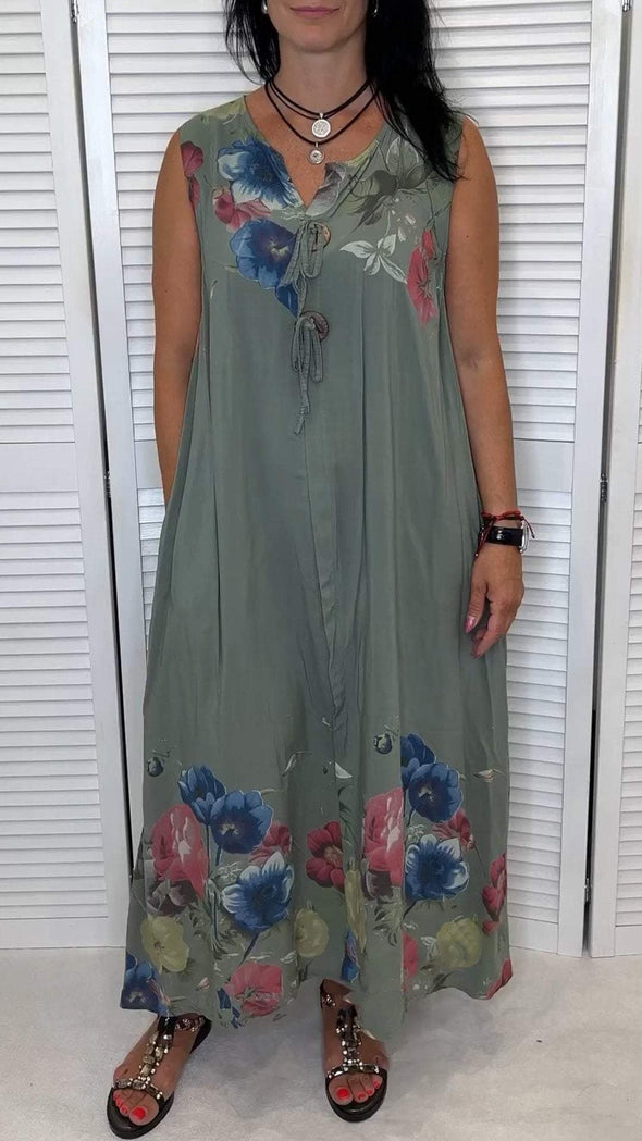 V-neck Sleeveless Printed Cotton and Linen Dress