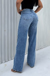 Women's Straight Jeans with Rivets and Rhinestones