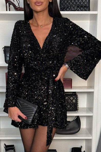 Women's V-neck Long-sleeved Sequined Temperament Jumpsuit