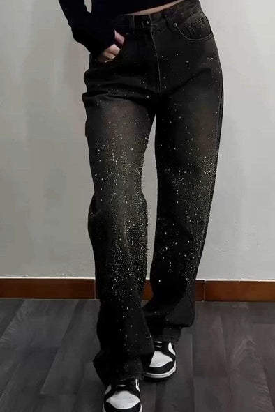 Women's Casual Rhinestone Straight Jeans