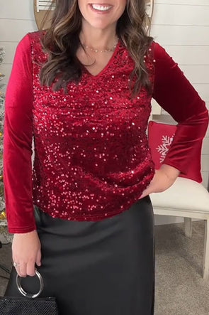 Women's Fashion Holiday Party Velvet Sequin Top