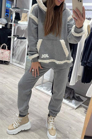 Women's Fashion Furry Patchwork Top & Pants Two-piece Set