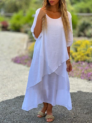 Women's round neck half sleeve cotton and linen dress