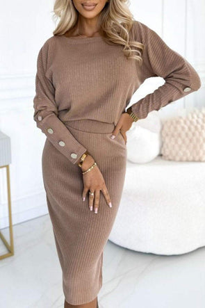 Women's Round Neck Long Sleeve Casual Button Design Dress Suit