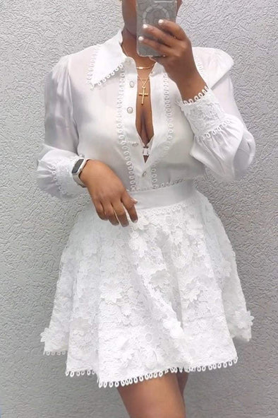 Women's Elegant Long-sleeved Shirt And Lace Skirt Suit