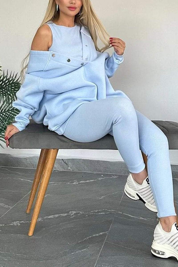 Women's Casual Solid Color Sweatshirt Three-piece Set