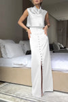 Women's Elegant Satin Top and Button Decorated Slit Skirt Two-Piece Set