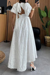 Women's Elegant Embroidery Decorated Backless Tie-Strap Puff Sleeve Dress