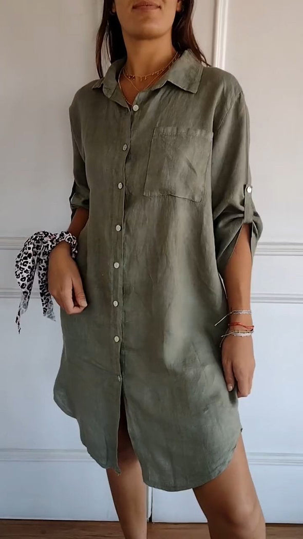 Cotton and Linen Shirt Style Midi Dress