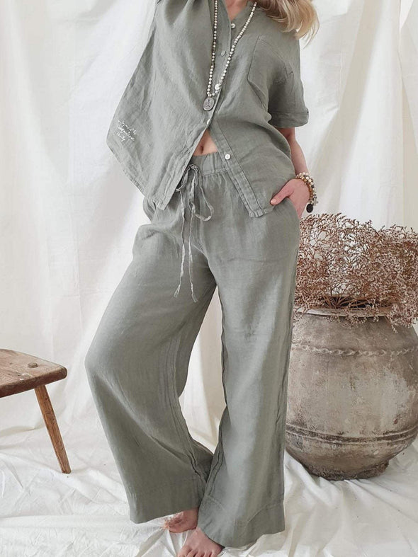 Women's Cotton And Linen Short-Sleeved Pants Suit