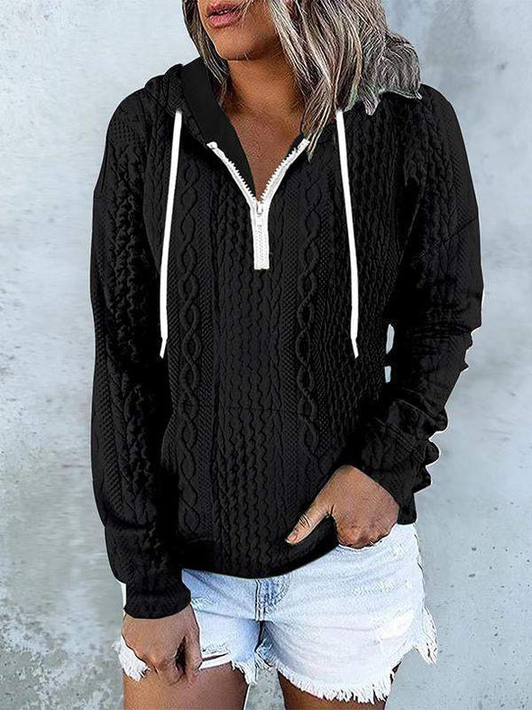 Women's Casual Hooded Twisted Texture Half-zip Sweatshirt