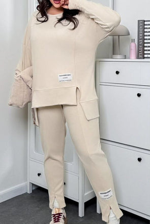 Women's Casual Solid Color Two-piece Hem Slit Sweatshirt Set