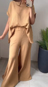 Women's Casual Round-neck Solid Color Cotton and Linen Two-piece Suit