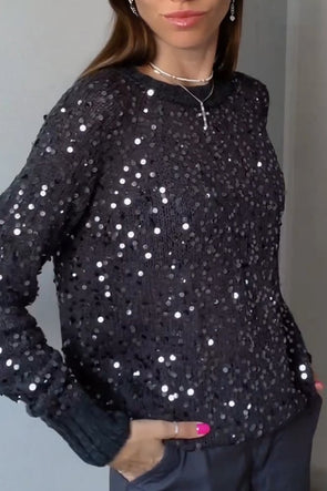 Women's round neck loose fashion sequined woolen top