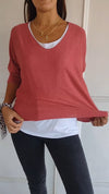 Cotton and Linen Long-sleeved T-shirt with White Inner Two-piece Set