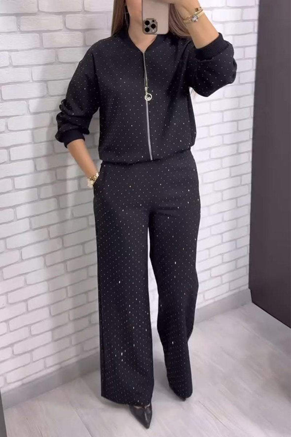 Women's Casual Round Neck Zipper Shiny Two-piece Suit