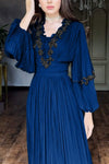 Women's Elegant V-neck Lace-embellished Puff Sleeve Dress