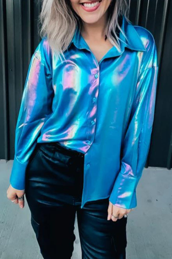 Women's Fashion Metallic Shiny Coated Shirt