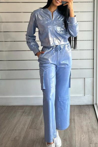 Women's Fashion Metallic Coated Top and Pants Two-Piece Set