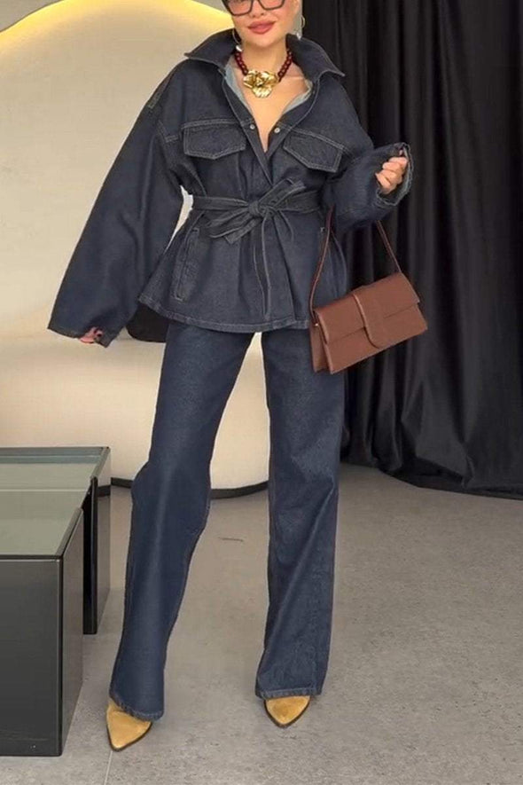 Women's Casual Lapel Tie Denim Two-piece Suit